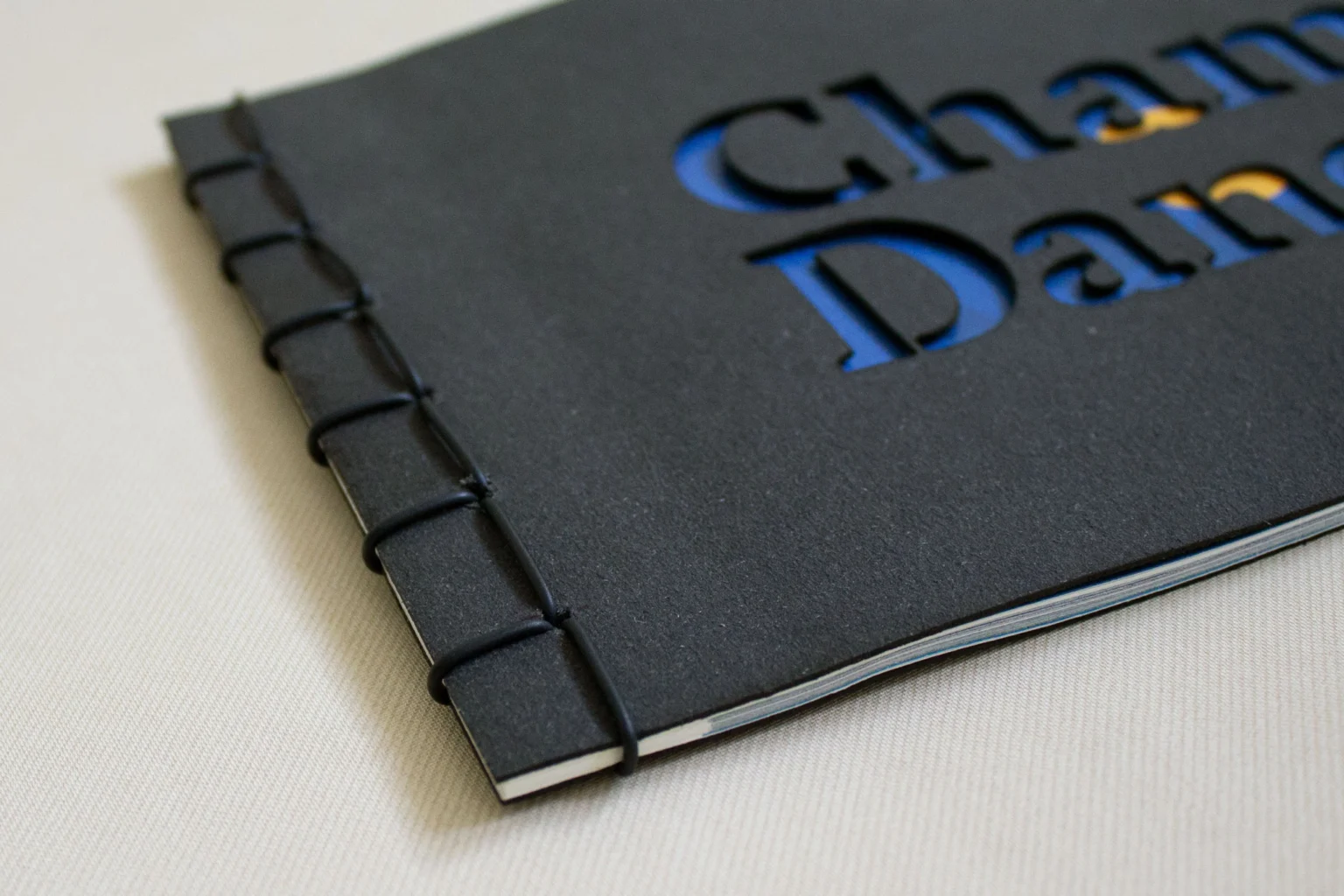 Dettaglio rilegatura fatta a mano libro maschere cham