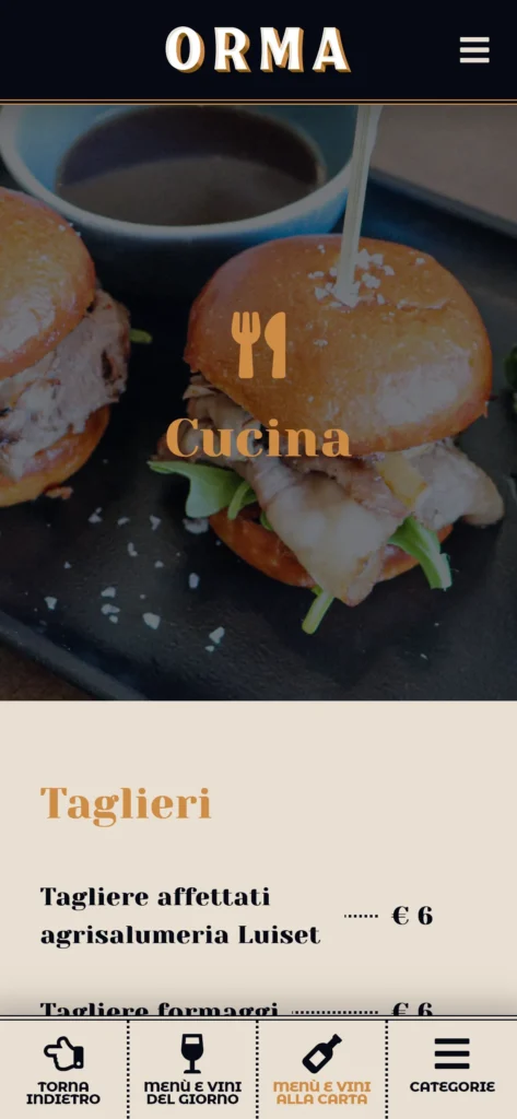 Pagina del menù con carta dei piatti