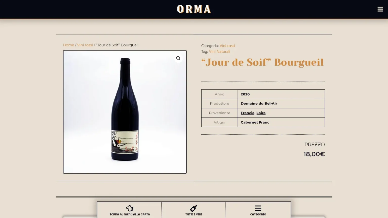 Pagina con informazioni su bottiglia di vino